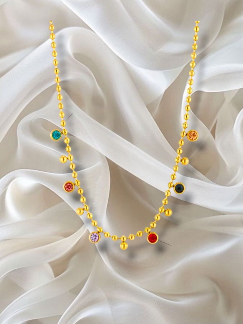 Gold Beaded Necklace with Multicolor Gem Accents